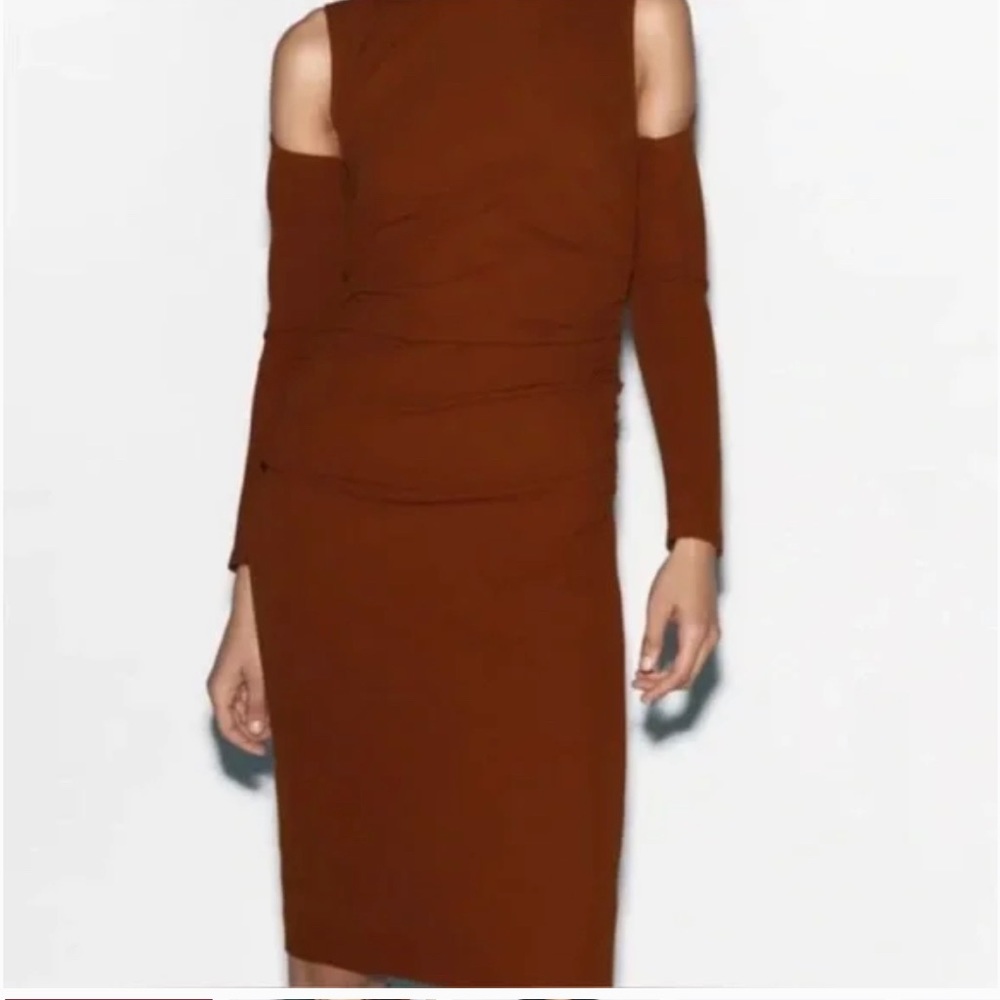 Zara Brown Midi Cut Out Ruched Dress ~ Size Medium ~ NWT